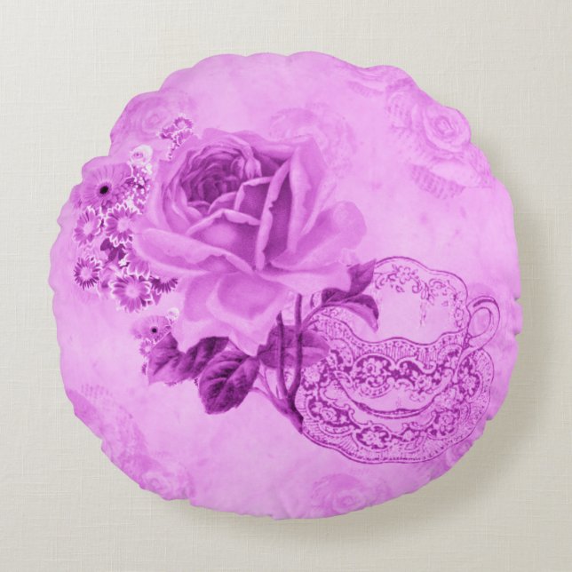 Teacup Vintage rose & Fleurs Coussin rond (Devant)