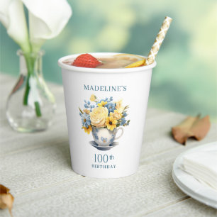 Teacup Yellow Blue Flowers 100th Birthday Paper Cups