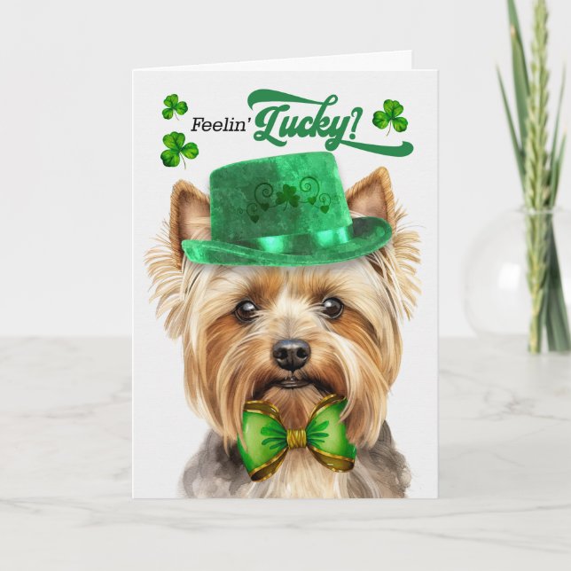 Teacup Yorkie Dog Feelin' Lucky St Patrick's Day Holiday Card (Front)