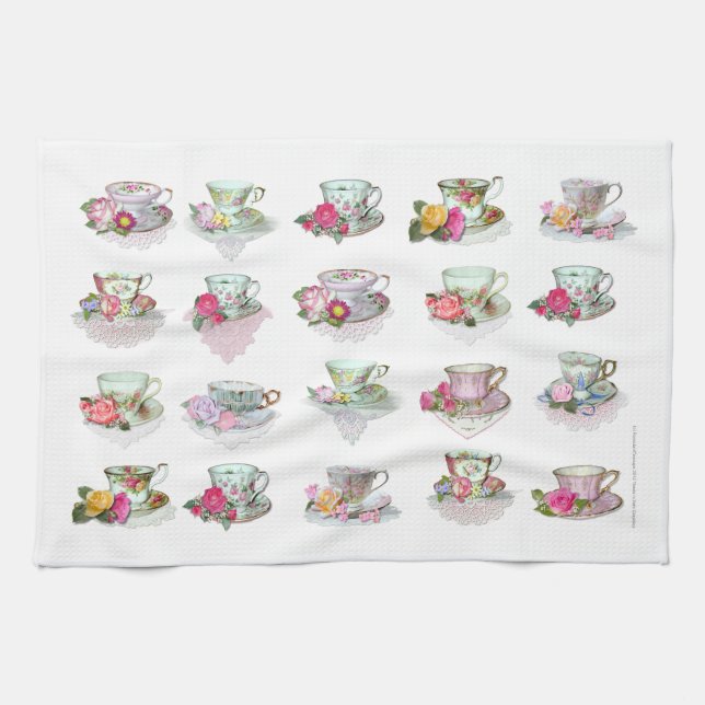 Teacups Tea Cups Pink Roses Floral Tea Cups Kitchen Towel (Horizontal)