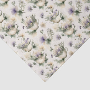 Teacups Wildflowers Cottagecore Watercolor Style Tissue Paper