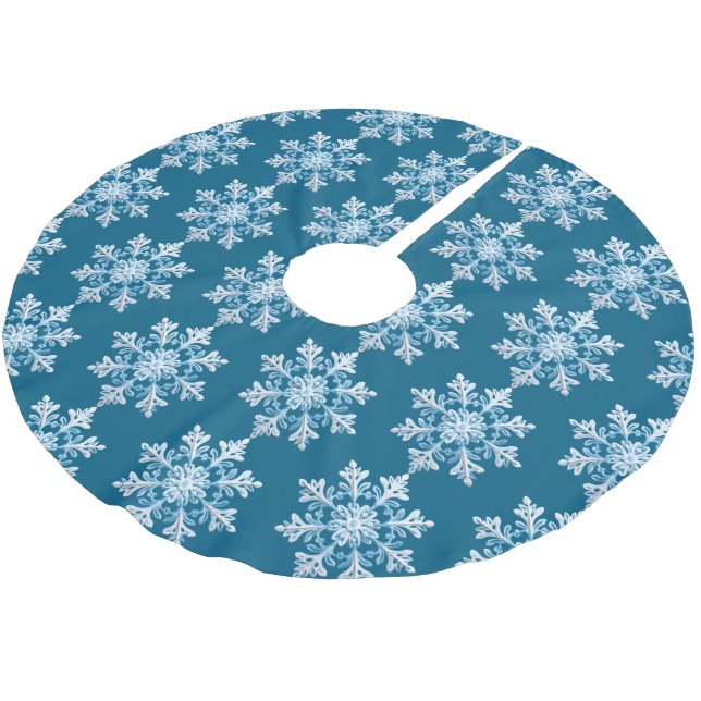 Teak White Light Blue Christmas Snowflake Brushed Polyester Tree Skirt (Angled)