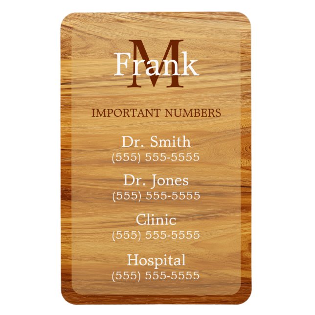 Teak Wood Look Important Phone Numbers Magnet (Vertical)