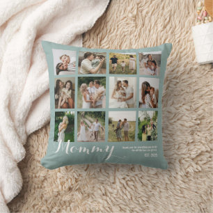 Teal 12 Photo Collage Mommy Pictures Keepsake Throw Pillow