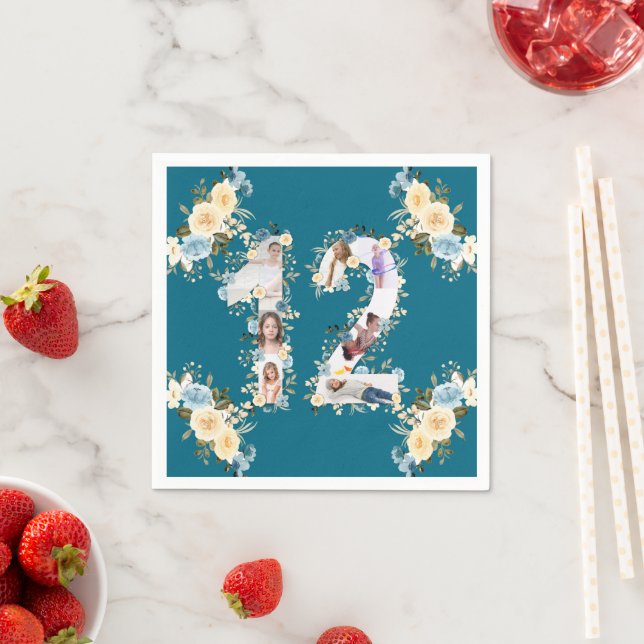 Teal 12th Birthday Photo Collage Yellow Flower Napkin (Insitu)