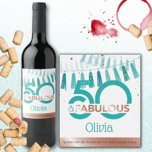 Teal 50 & Fabulous Fifty Birthday Party Wine Label