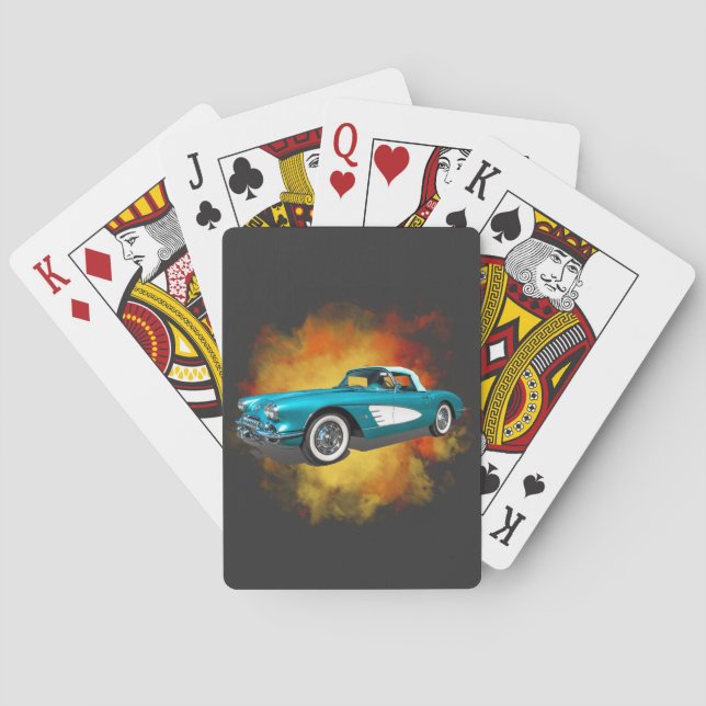 Teal 59 Corvette Car Red Explosion background Playing Cards (Back)