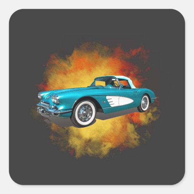 Teal 59 Corvette Car Red Explosion background Square Sticker (Front)