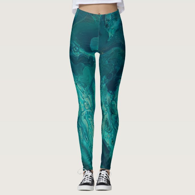 Teal Acrylic Pouring Abstract Fluid Art  Leggings (Front)