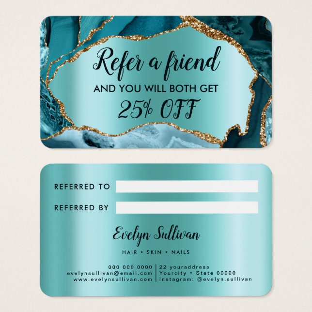 teal agate faux foil referral Card (Front & Back)