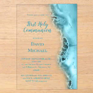 teal agate First Holy Communion Acrylic Invitations