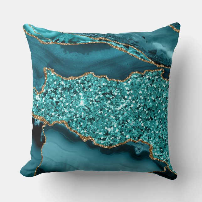 Teal Agate Geode Glitter Gold Abstract Design Throw Pillow (Front)