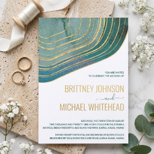 Teal Agate Geode Gold Foil Modern Coastal Wedding Invitation