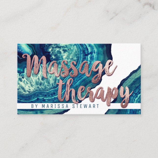 Teal Agate Geode Stone Rose Gold Massage Therapist Business Card (Front)