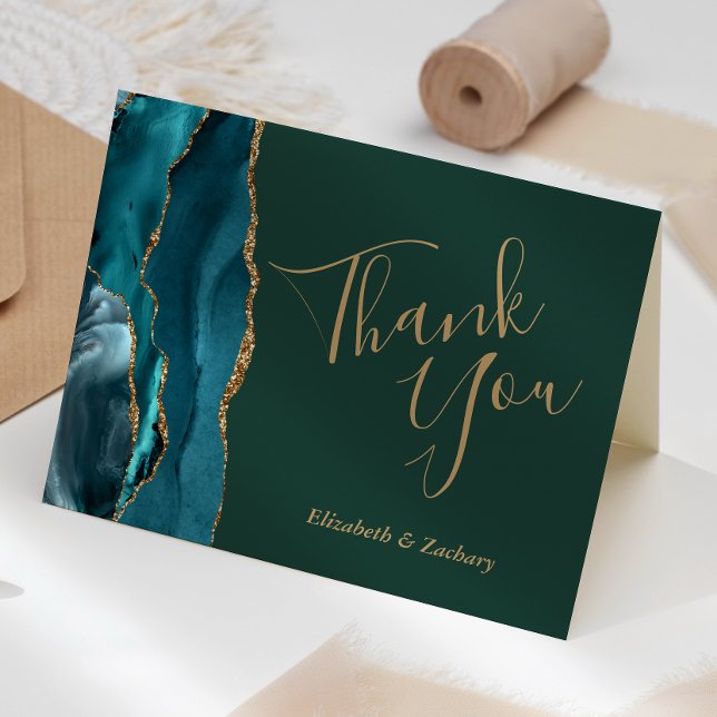 Teal Agate Gold Emerald Green Wedding Thank You Card (Creator Uploaded)