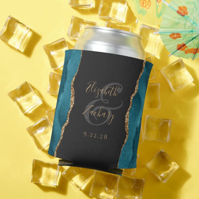 Teal Agate Gold Faux Glitter Dark Wedding Can Cooler (In Situ Summer)