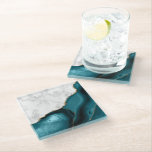 Teal Agate Gold Glitter White Faux Marble Glass Coaster<br><div class="desc">This elegant glass coaster features a digital image of white marble and teal agate trimmed with faux gold glitter.</div>