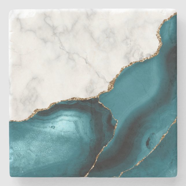 Teal Agate Gold Glitter White Faux Marble Stone Coaster (Front)