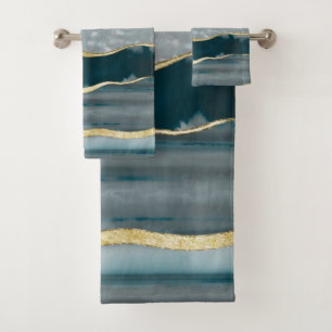 Teal Agate Gold Stripe Glam #1 #gem #decor #art Bath Towel Set