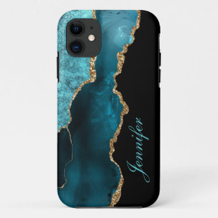Teal Agate Modern Watercolor Gold Personalized iPhone 11 Case