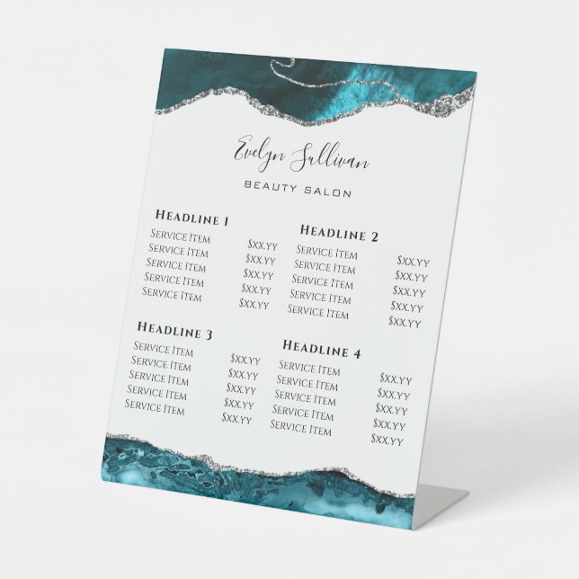 Teal Agate on White Beauty Salon Price List Pedestal Sign (Front)