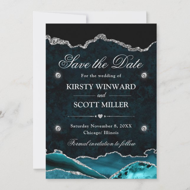 Teal Agate Silver Glitter Elegant Wedding Save The Date (Front)