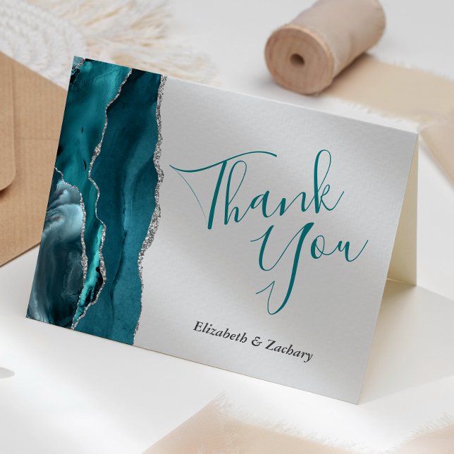 Teal Agate Silver Grey Wedding Thank You Card (Creator Uploaded)