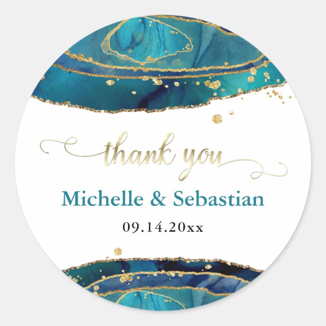 Teal Agate Watercolor Gold Thank You Classic Round Sticker (Front)