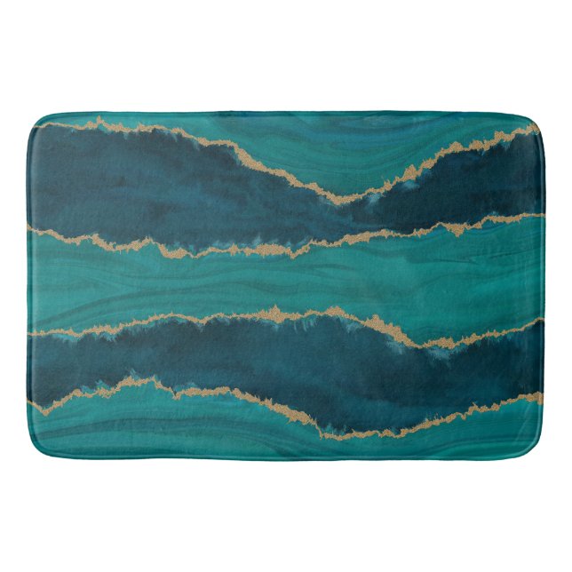 Teal Agate Waves – Abstract Marble with Gold Bath Mat (Front)
