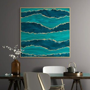 Teal Agate Waves – Abstract Marble with Gold Canvas Print