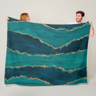 Teal Agate Waves – Abstract Marble with Gold Fleece Blanket
