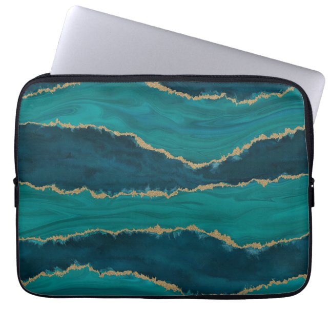 Teal Agate Waves – Abstract Marble with Gold Laptop Sleeve (Front)