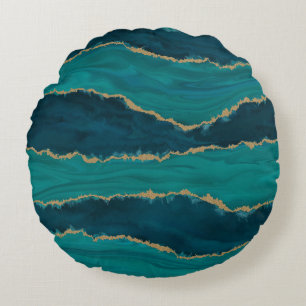 Teal Agate Waves – Abstract Marble with Gold Round Pillow