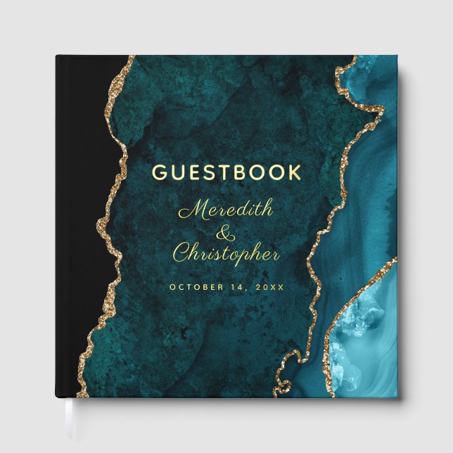 Teal Agate Wedding Gold Guest Book (Front)