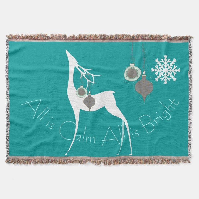 Teal All is Calm All is Bright Deer Holiday Throw (Front)