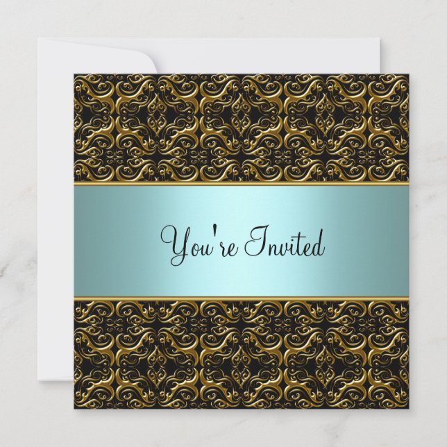 Teal All Occasion Black Damask Party Template Invi (Front)