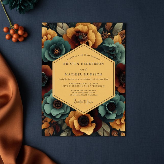Teal Amber Floral Nocturne Wedding Invitation (Creator Uploaded)