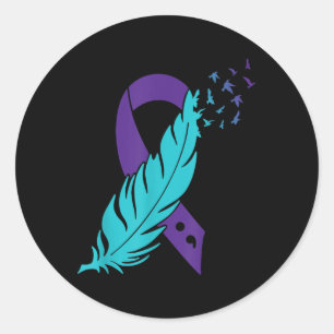 Teal & Purple Ribbon Feather Semicolon Suicide Classic Round Sticker