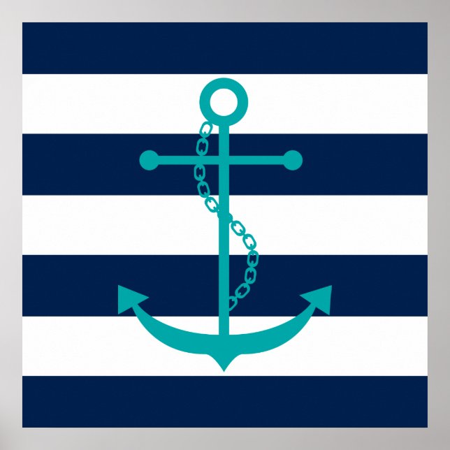 Teal Anchor on Blue Stripes Poster (Front)