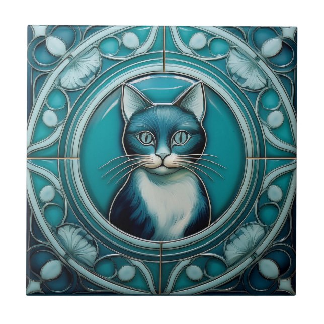 Teal and aqua blue faux relief Art Nouveau Cat Tile (Front)