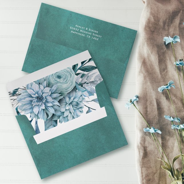 Teal and aqua blue flowers, foliage summer wedding envelope (Creator Uploaded)