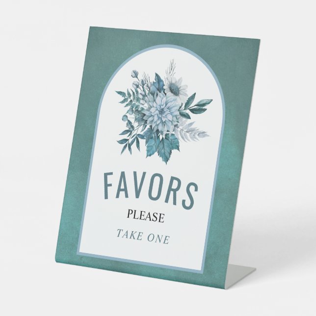 Teal and aqua blue flowers, leaves wedding Favours Pedestal Sign (Front)