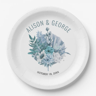 Teal and aqua blue flowers, palm leaf wedding paper plate