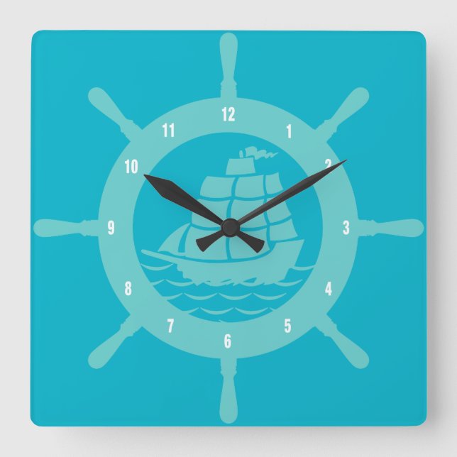 Teal And Aqua Blue Nautical Boat Wheel Square Wall Clock (Front)