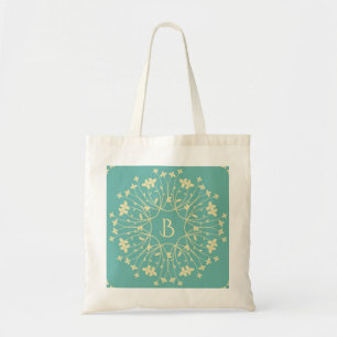 Teal and Beige Elegant Flower Wreath Monogram Tote Bag