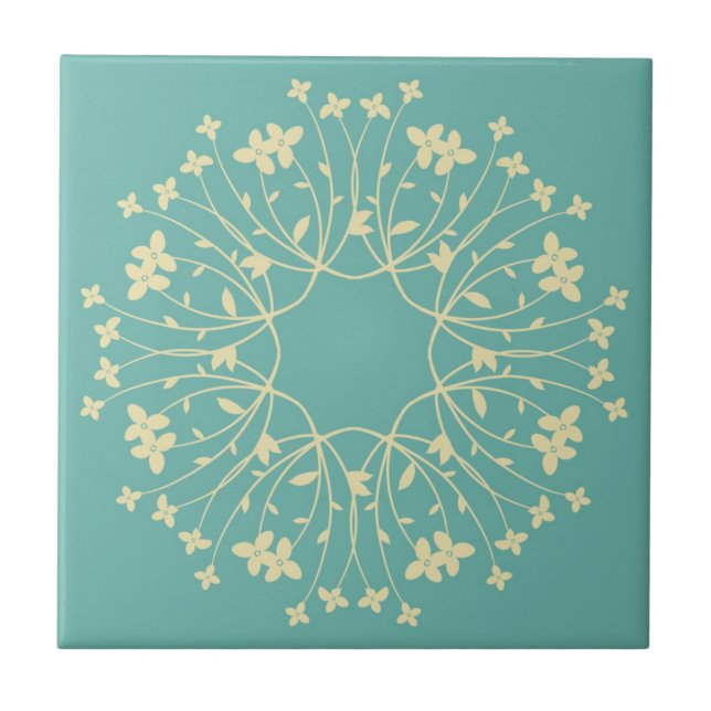 Teal and Beige Elegant Flower Wreath Tile (Front)