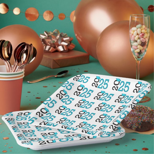 Teal and Black 2025 Graduation Paper Plate (Multi)