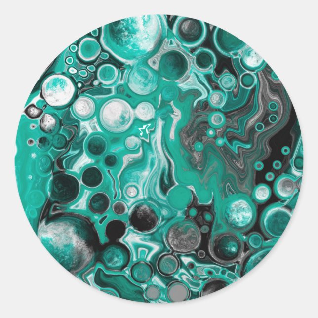 Teal and Black Bubbles Digital Fluid Art Cells    Classic Round Sticker (Front)