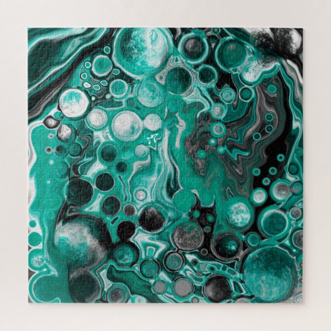 Teal and Black Bubbles Digital Fluid Art Cells   Jigsaw Puzzle (Vertical)