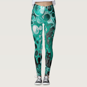 Teal and Black Bubbles Digital Fluid Art Cells Leggings